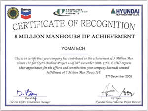 Certificate of Recognition for 5 Million Man Hours on EGP3